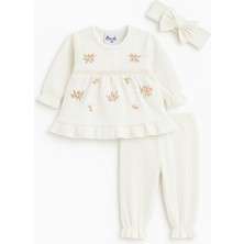 Mini Kanka Çiçek Nakışlı Fırfırlı Kız Bebek 3’lü Takım – Saç Bantlı Şık Alt Üst Kombin