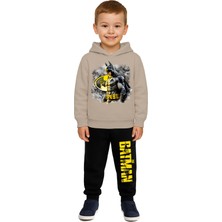 Sedirli Batman Baskılı Çocuk Eşofman Takımı 3 Iplik Şardonlu Pamuklu Kumaş Kapüşonlu