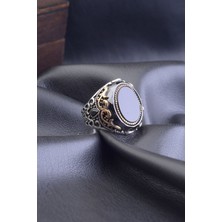 Desenli Siyah Zirkon Taş Oval 925 Ayar Gümüş Erkek Yüzük