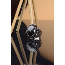 Siyah Zirkon Yan Desenli Oval 925 Ayar Gümüş Erkek Yüzük