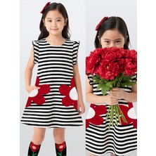 Denokids Kız Çocuk Çiçekli Elbise Siyah Beyaz Çizgili Ilkbahar Yaz Sezonu 3-6 Yaş