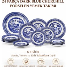 Welcomein 24 Parça Dark Blue Churchill Porselen Yemek Takımı – Blue Willow Desenli, 6 Kişilik Mavi Beyaz Tabak Seti, Servis Yemek ve Tatlı Tabakları