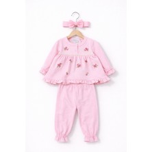 Mini Kanka Çiçek Nakışlı Fırfırlı Kız Bebek 3’lü Takım – Saç Bantlı Şık Alt Üst Kombin