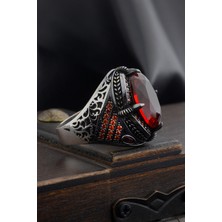 925 Ayar Gümüş Oval Detaylı Kırmızı Zirkon Taşlı Erkek Yüzük