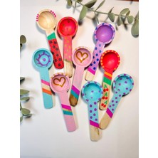 Mumbastik 3' Lü Renkli Şeker Kaşığı - 9cm Şekerlik Tuzluk Kahve Kaşık Seti -El Çizimi Tahta Kaşık -