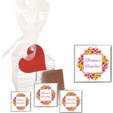 Mynil Madlen Çikolata Sargılı Nişan Modeli Çiçek Desenli 25 Adet Jelatin Poşetli Kalpli Etiketli