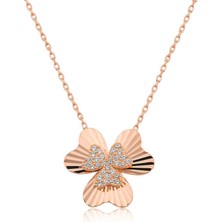 Gümüş Rose Kalp Yonca Bayan Kolye