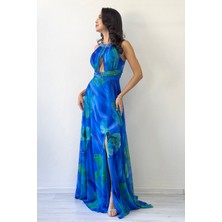 The Zks-Kadın Desenli Halter Yaka Boncuk Detaylı Yırtmaçlı Abiye Elbise Turuncu, Yeşil, Sarı, Saks Mavi