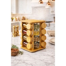 Aen Line 16’lı Döner Standlı Bambu Baharatlık Seti – Cam Baharat Kavanozları, Modern & Şık Tasarım