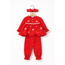 Mini Kanka Çiçek Nakışlı Fırfırlı Kız Bebek 3’lü Takım – Saç Bantlı Şık Alt Üst Kombin