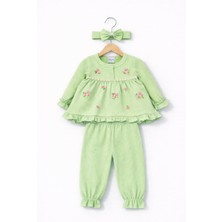 Mini Kanka Çiçek Nakışlı Fırfırlı Kız Bebek 3’lü Takım – Saç Bantlı Şık Alt Üst Kombin