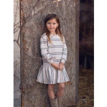 Antebies Organik Bej Lacivert Uzun Kollu Kız Çocuk Elbise