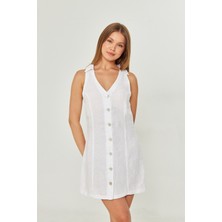 Camenta Gömlek Yakalı Beyaz Keten Elbise