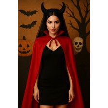 Toyfest Şeytan Kostüm Seti (Kırmızı Yakalı Pelerin + Dantelli Siyah Boynuzlu Taç) – Cadılar Bayramı Kostümü