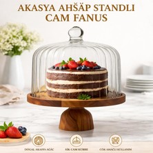 Welcomein Homes Akasya Ahşap Standlı Cam Fanus – Ayaklı Kek ve Pasta Sunum Standı, Ahşap Servis Tabağı ve Cam Kapaklı Cake Stand