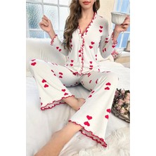 Bella Notte Pembe Kalp Detaylı Fırfırlı Uzun Pijama Takımı