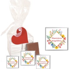 Mynil Madlen Çikolata Sargılı Nişan Modeli Çiçek Desenli 25 Adet Jelatin Poşetli Kalpli Etiketli