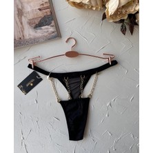 Intive Lingerie Siyah Önü Dörtlü Zincir Detaylı Transparan Ağı Pamuklu Fantezi TANGA-5257 (Özel Koleksiyon)