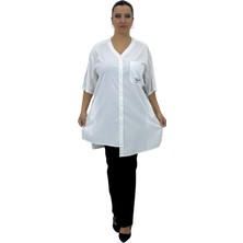 Aysel Büyük Beden Pamuklu Kapri Kol V Yaka Kuşaklı Cepli Kadın Gömlek