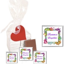 Mynil Madlen Çikolata Sargılı Nişan Modeli Çiçek Desenli 25 Adet Jelatin Poşetli Kalpli Etiketli