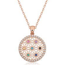 Gümüş Rose Renkli Taşlı Yaşam Çiçeği Kadın Kolye