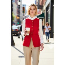 Benerly Kadın V Yaka Kolsuz Fitted Kesim Astarlı Önü Düğmeli Düz Dokuma Yelek Iş Ortamı Için Uzun Boy