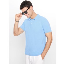 Tudors Erkek Slim Fit Dar Kesim Pamuklu Yumuşak Doku Nefes Alan Kumaş Kıvrılmaz Yaka Mavi Polo Yaka Tişört