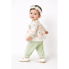 Mini Kanka Çiçek Desenli Fırfırlı Kız Bebek 3’lü Takım – Fiyonklu Bluz Pantolon ve Saç Bantlı Set