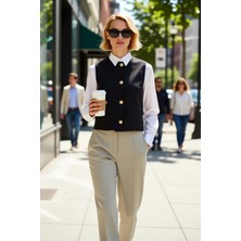 Benerly Kadın Bisiklet Yaka Kolsuz Dokuma Regular Kalıp Astarlı Düğmeli Yelek Üst Giyim Iş ve Günlük