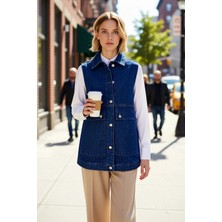 Benerly Kadın Gömlek Yaka Kolsuz Düğmeli Cepli Denim Yelek Ceket Regular Kalıp Kumaş Şık %100 Pamuk