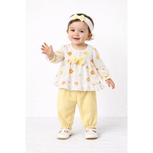 Mini Kanka Çiçek Desenli Fırfırlı Kız Bebek 3’lü Takım – Fiyonklu Bluz Pantolon ve Saç Bantlı Set