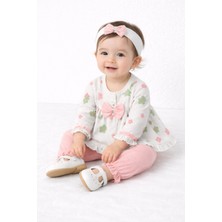 Mini Kanka Çiçek Desenli Fırfırlı Kız Bebek 3’lü Takım – Fiyonklu Bluz Pantolon ve Saç Bantlı Set