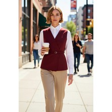 Benerly Kadın Kruvaze Yaka Kolsuz Fitted Kalıp Anvelop Kapamalı Kemerli Dokuma Yelek Astarlı Regular Boy