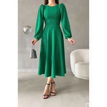 Ezraa Yeşil Balon Kol Bisiklet Yaka Midi Elbise