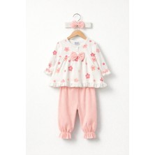 Mini Kanka Çiçek Desenli Fırfırlı Kız Bebek 3’lü Takım – Fiyonklu Bluz Pantolon ve Saç Bantlı Set