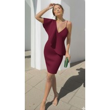 Kadın V Yaka Askılı Midi Elbise