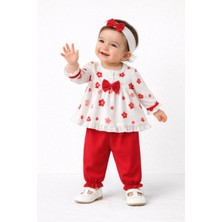 Mini Kanka Çiçek Desenli Fırfırlı Kız Bebek 3’lü Takım – Fiyonklu Bluz Pantolon ve Saç Bantlı Set