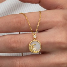 Gümüş Gold Sedef Taşlı Ay Yıldız Hilal Kadın Kolye
