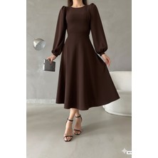 Ezraa Kahverengi Balon Kol Bisiklet Yaka Midi Elbise