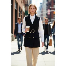 Benerly Kadın Ceket Yaka Kolsuz Dokuma Yelek Düğmeli Kemerli Regular Kalıp Astarlı Çift Kapaklı Cep