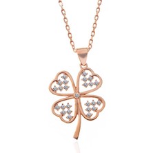 Gümüş Rose Kalpli Dört Yapraklı Yonca Kadın Kolye