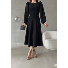 Ezraa Siyah Balon Kol Bisiklet Yaka Midi Elbise