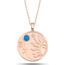 Gümüş Rose Opal Mavi Taşlı Ay Güneş Kadın Kolye
