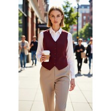 Benerly Kadın Büyük Beden V Yaka Kolsuz Düğmeli Dokuma Düz Desen Crop Yelek Vücuda Oturan Kesim Basic