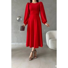 Ezraa Kırmızı Balon Kol Bisiklet Yaka Midi Elbise