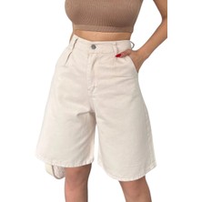 Rahat Kesim  Denim Şort Cepli̇-Krem