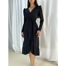 Serac Collection Krep Kumaş Midi Boy Kuşaklı Uzunkol Elbise 113 cm