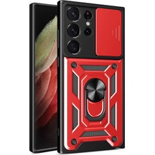 Newface Samsung Galaxy S23 Ultra Kılıf Pars Lens Yüzüklü Silikon - Kırmızı