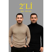 Etiler Collection Erkek Fitilli Triko Kazak 2li Set Bej Siyah Regular Balıkcı Yaka Tam Boğazlı Triko Seti Modeli Kazak