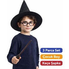 Samur Harry Potter Tarzı Çocuk Seti (Siyah Keçe Şapka, Asa, Gözlük)